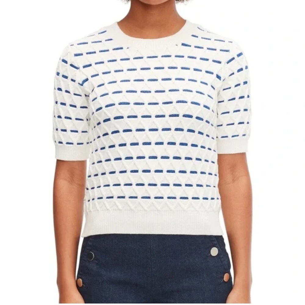 Kate Spade white and blue sparkle babe knit short sleeve pullover sweater